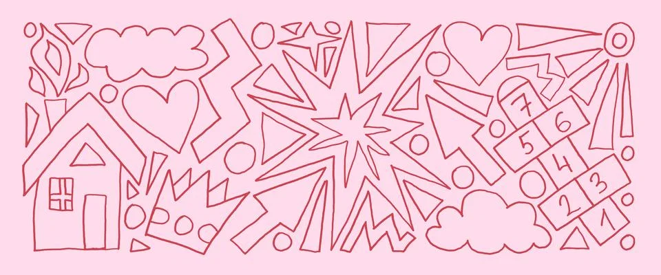 Girly hand drawn elements set. Pink and red crayon drawn crown and house, イラスト素材