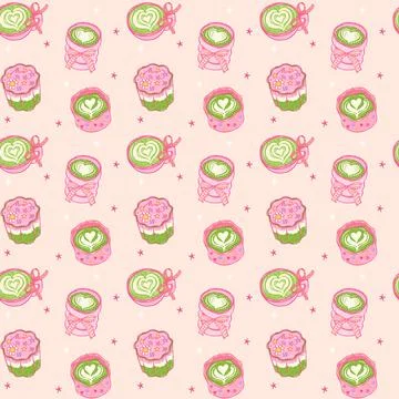 Girly matcha latte seamless pattern with Gingham Bow whimsical Coquette han.. Stockillustratie