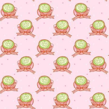 Girly matcha latte seamless pattern with Gingham Bow Coquette hand drawn do.. Stock Illustration
