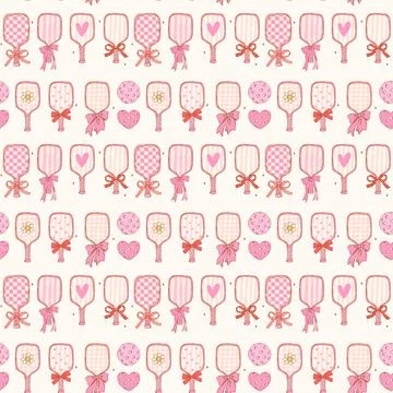 Girly Pink Pickleball seamless pattern sketchy hand drawn repeat background Stock Illustration
