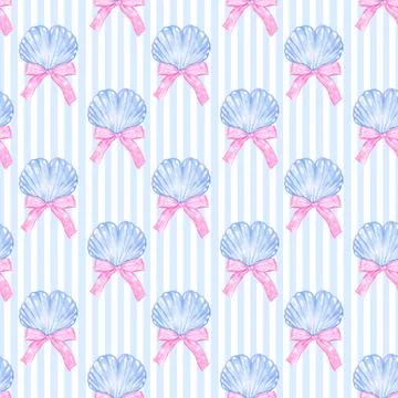 Girly Summer Seashell Seamless Pattern, Watercolor Coquette Shell with Bow .. Illustrazione stock