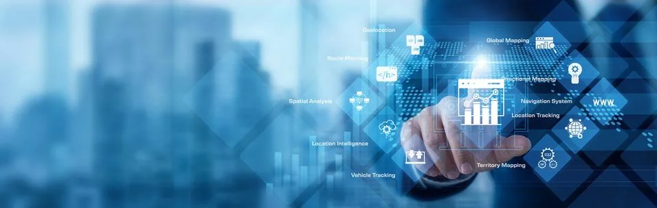 GIS analyst analyzing digital data pointing hand at Geographic Information .. Stock Photos