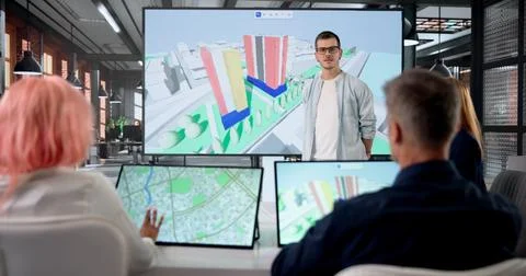 GIS Engineer Explains 3D Digital Twin Maps For Better Urban Property Designs. Stock Photos