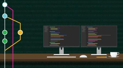 Git code repository concept illustration with 3 monitor code program Stock Illustration