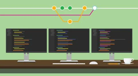 Git code repository concept illustration with 3 monitor code program Stock Illustration