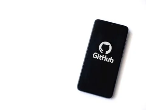 GitHub app launch screen with logo on the display of a black mobile smartphon Stock Photos
