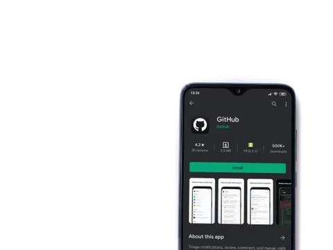 GitHub app play store page on the display of a black mobile smartphone isolat Foto stock