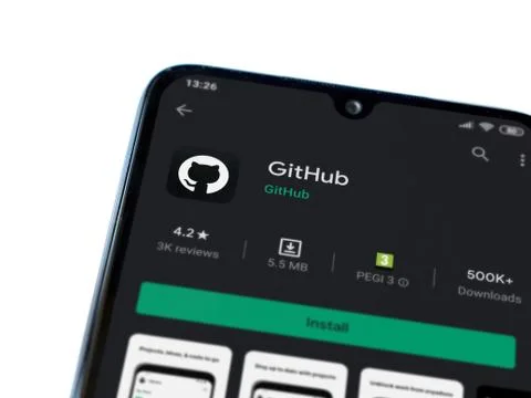GitHub app play store page on the display of a black mobile smartphone isolat Foto stock