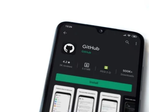 GitHub app play store page on the display of a black mobile smartphone isolat Foto stock