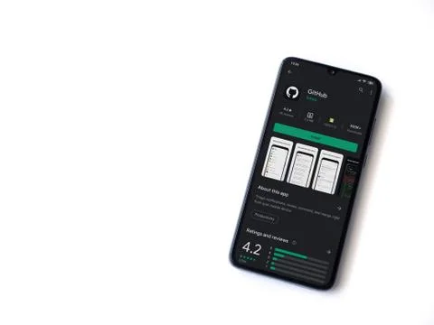 GitHub app play store page on the display of a black mobile smartphone isolat Stock Photos