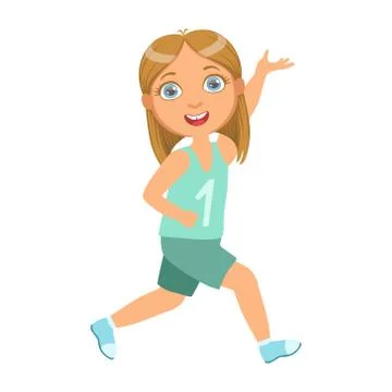 Gitl running in blue top with number one, a colorful character Stock Illustration
