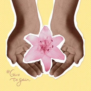 Give to gain concept with human hands holding a flower. Collage with halftone Stock Illustration