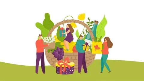 Give gift, flat design vector illustration. Happy man woman people character Stock Illustration