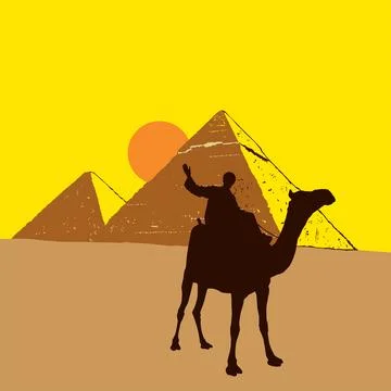 Giza Pyramids with camel vector illustration. Egyptian desert landscape. Stock Illustration