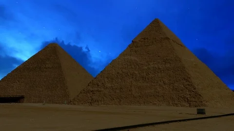 Giza pyramids at night,clouds running over Stock Footage 89205723