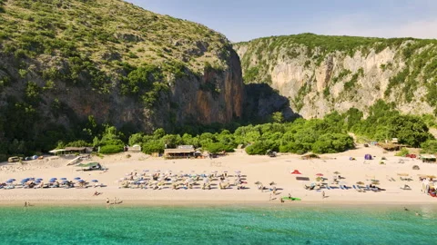 Gjipe Beach. Aerial  view, fly along of famous wild beach in Albania. Stock Footage 212317675