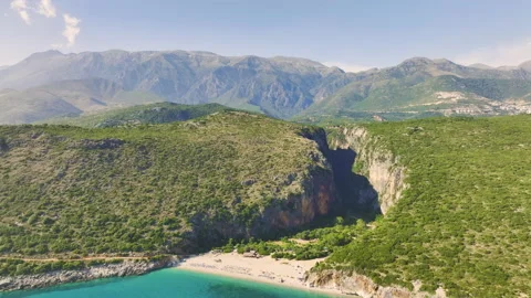 Gjipe Beach. Aerial  view, fly along of famous wild beach in Albania. 動画素材 212318197