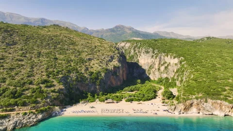Gjipe Beach. Aerial view, fly along of remote wild beach in Albania. 動画素材 212318865