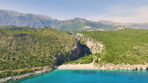 Gjipe Beach. Aerial view, fly along of remote wild beach in Albania. Stock Footage 212319309