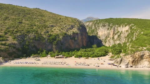 Gjipe Beach. Aerial view, fly along of remote wild beach in Albania. Stock Footage 212320241