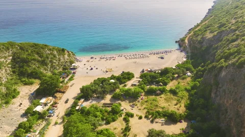 Gjipe Beach. Aerial view, fly along of remote wild beach in Albania. Stock Footage 212323950