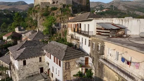 Gjirokaster castle with Clock tower, ottoman architecture houses in Albania Stock Footage 257478852