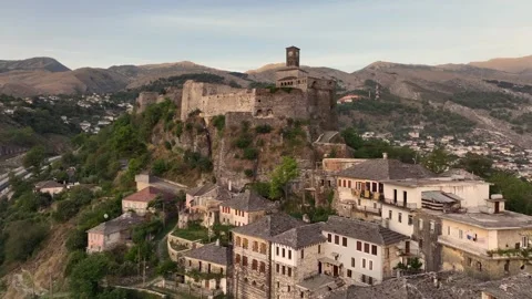 Gjirokaster castle with Clock tower, ottoman architecture houses in Albania Stock Footage 290247252