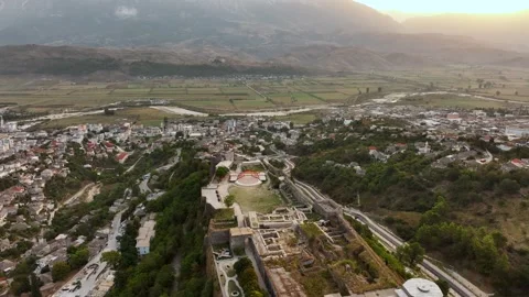 Gjirokaster castle with Clock tower, ottoman architecture houses in Albania Stock Footage 290247509