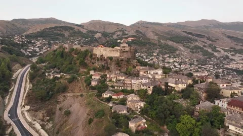 Gjirokaster castle with Clock tower, ottoman architecture houses in Albania Stock Footage 290248020