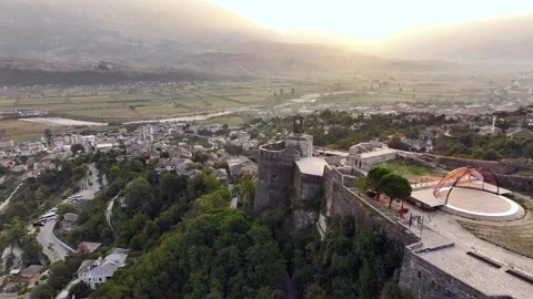 Gjirokaster castle with Clock tower, ottoman architecture houses in Albania Stock Footage 290477310