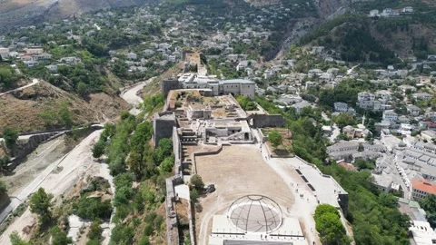 Gjirokastër Fortress, stone castle, old town architecture,mountainous landscape Stock Footage 329058048