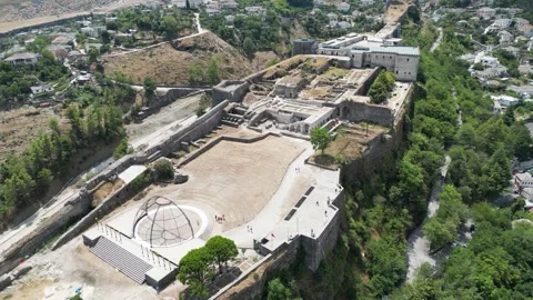 Gjirokastër Fortress, stone castle, old town architecture,mountainous landscape Stock Footage 329058427