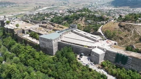 Gjirokastër Fortress, stone castle, old town architecture,mountainous landscape Stock Footage 329058886