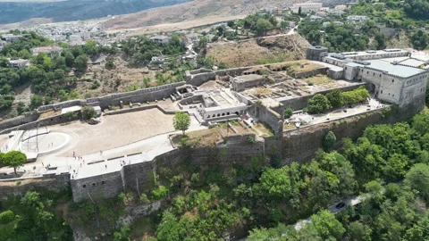Gjirokastër Fortress, stone castle, old town architecture,mountainous landscape Stock Footage 329058974