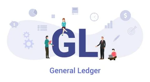 Gl general ledger concept with big word or text and team people with modern f Stock Illustration