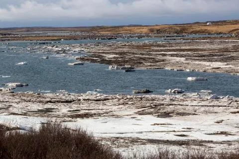Glacial ice float away on a river bank, Iceland Stock Photos