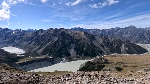 Glacial Lagoon and Valley of Mount Cook, New Zealand  Rugged Terrain and Pr.. Stock Footage 295010653