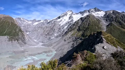 Glacial Lagoon and Valley of Mount Cook, New Zealand  Rugged Terrain and Pr.. Stock Footage 295010752
