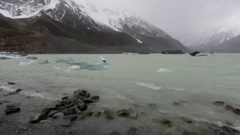 Glacial Lake with Floating Ice in Hooker Valley, Mount Cook, New Zealand Stock Footage 330682513