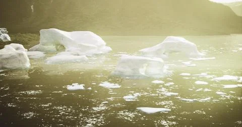 Glacial landscape with ice formations in tranquil water at sunset Stock Illustration