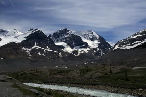 Glacial Valley View Along the Icefields Parkway, Alberta Stock Photos