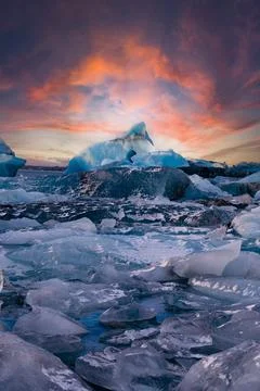 Glacier Lagoon Sunset Stock Photos
