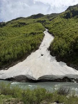 Glacier melting down a mountainside into a river surrounded by lush green trees Stock Photos