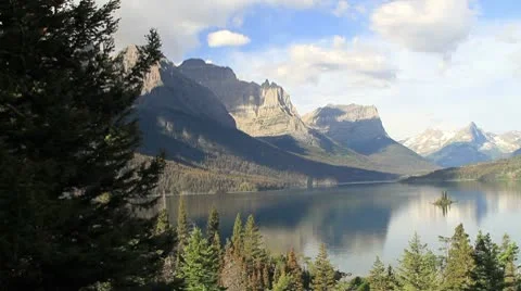 Glacier park pan forest lake Goose Island mountain P HD 7764 Stock Footage 10595791