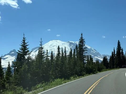 Glacier view framed by leafy trees in Mount Rainier National Park view from t Stock Photos