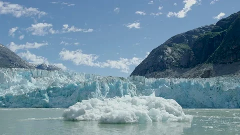 Glaciers calving. Ice cubes fall into the river forming numerous ice floes. Stock Footage 238520962