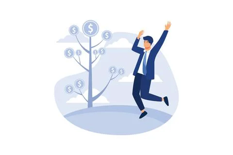 The glad businessman is standing under the tree of money. flat vector illustr Stock Illustration