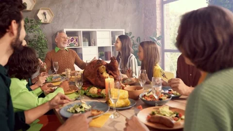 Glad nice family sit table enjoy holiday dinner Stock Footage 159687956