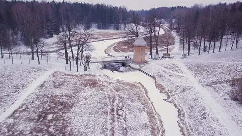 Glade in the forest and river with bridge and tower Stock Footage 101221351