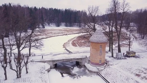 Glade in the forest and river with bridge and tower Stock Footage 101221366